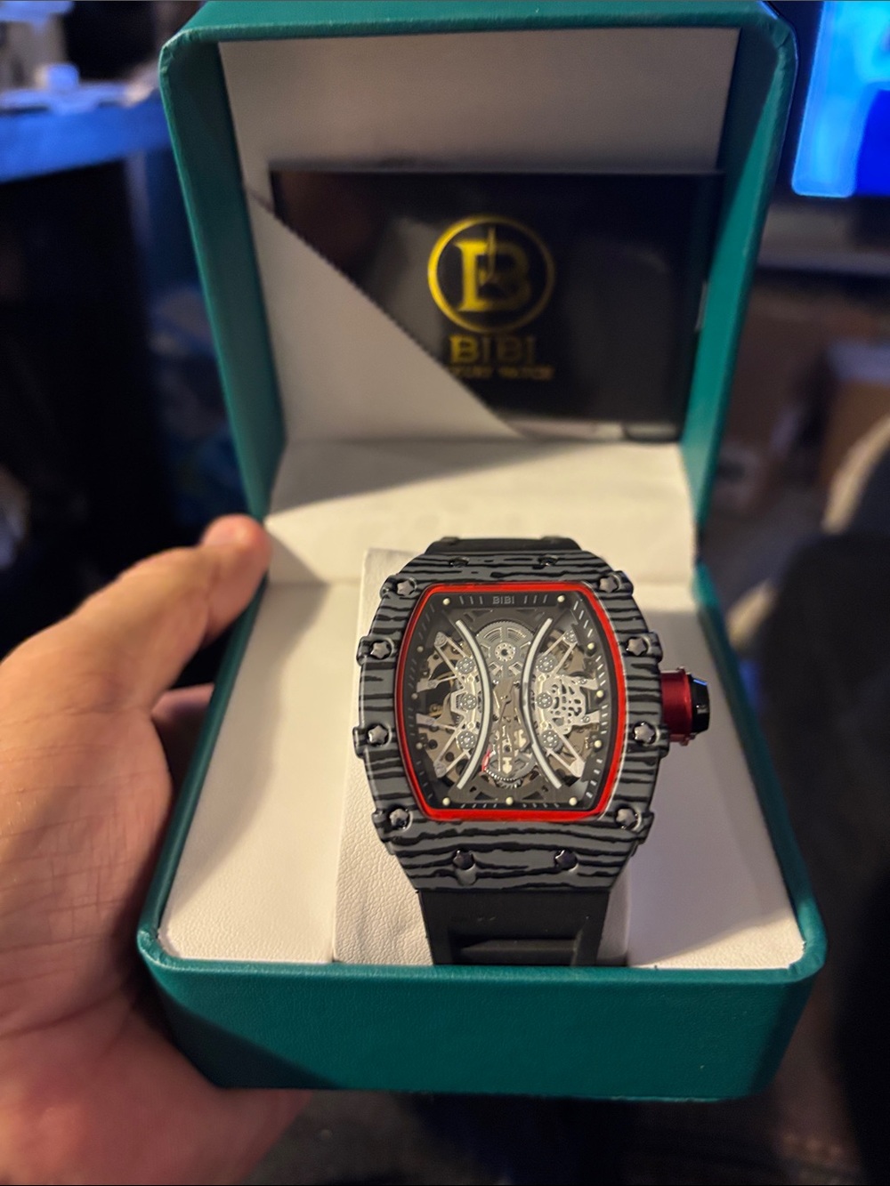 BiBi Black Skeleton Watch with Red Bezel and Crown
